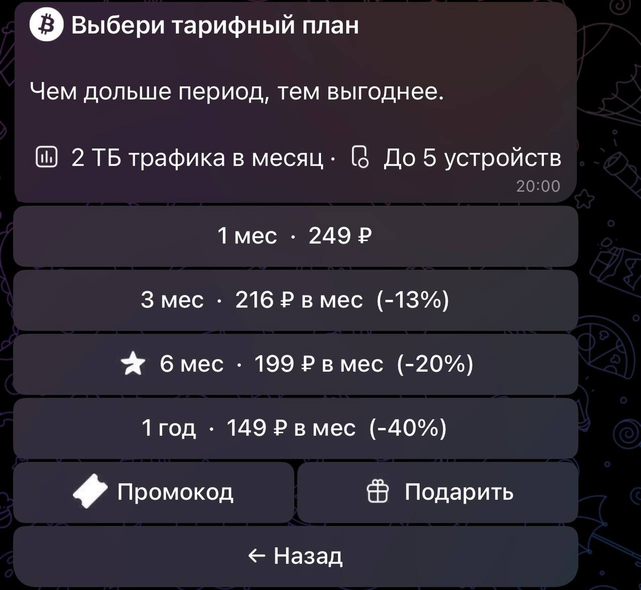 Тарифы Giga VPN на 1, 3, 6 и 12 месяцев